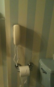 The image shows a bathroom with a wall-mounted telephone next to a toilet. The wall has vertical stripes in light and dark shades. Below the telephone, there is a toilet paper holder with a roll of toilet paper. The toilet tank is partially visible on the right side of the image.