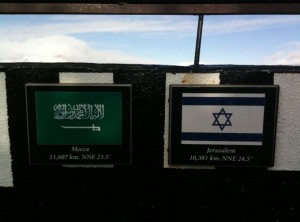 The image shows two plaques mounted on a black surface. The plaque on the left features the flag of Saudi Arabia and text below it that reads: "Mecca 11,067 km. NNE 23.5°". The plaque on the right features the flag of Israel and text below it that reads: "Jerusalem 10,381 km. NNE 24.5°". The background shows a cloudy sky.