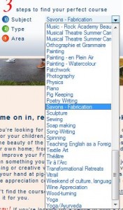 A dropdown menu is displayed on a webpage, showing a list of various courses. The highlighted course in the dropdown menu is "Savona - Fabrication." Other courses listed include "Music - Rock Academy Beau," "Musical Theatre Summer Can," "Orthographe et Grammaire," "Painting," "Painting - en Plein Air," "Painting - Watercolour," "Patchwork," "Photography," "Physics," "Piano," "Pig Keeping," "Poetry Writing," "Sculpture," "Sewing," "Soap making," "Song-Writing," "Spinning," "Teaching English as a Foreign," "Textile Art," "Théâtre," "Tir à l'Arc," "Transformational Retreats," "Tri," "Weekend of culture, language," "Wine Appreciation," "Wood turning," "Yoga," and "Yoga/Ayurveda." The background of the webpage is partially visible, showing some text and an image.