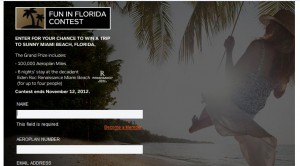 Alt text: A promotional image for the "Fun in Florida Contest" is shown. The contest offers a chance to win a trip to Miami Beach, Florida. The grand prize includes 300,000 American Miles, a two-night stay at the Eden Roc Renaissance Miami Beach, and a rental car for up to four people. The contest ends on November 12, 2012. The image features a person swinging on a rope swing on a beach with palm trees in the background. There are fields to enter a name, AAdvantage number, and email address to participate in the contest.