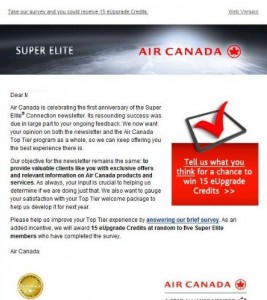 Alt text: A promotional email from Air Canada celebrating the first anniversary of the Super Elite Connection newsletter. The email invites recipients to provide feedback on the newsletter and the Air Canada Top Tier program by completing a brief survey. Participants have a chance to win 15 eUpgrade Credits. The email features the Air Canada logo and a red box with a checkmark icon, highlighting the survey and the chance to win credits.