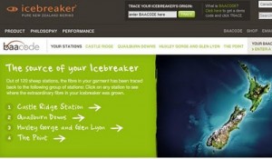 Alt text: A webpage from Icebreaker, a New Zealand-based clothing company, is displayed. The page features a section titled "The source of your Icebreaker" with a list of locations: Castle Ridge Station, Quailburn Downs, Huxley Gorge and Glen Lyon, and The Point. There is a map of New Zealand on the right side of the page. The top menu includes options like Product, Philosophy, and Performance. There is also a section to enter a "baa code" to trace the origin of the garment.