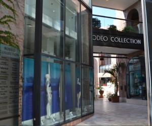 The image shows the entrance to a shopping area called "Rodeo Collection." The entrance is framed by large glass windows displaying mannequins dressed in blue clothing. The walkway is paved with light-colored tiles and features potted plants, including a palm tree. The area appears to be an upscale shopping center with a modern architectural design.