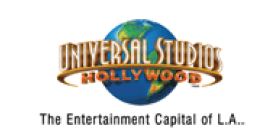 The image shows the logo of Universal Studios Hollywood. The logo features a globe with the text "UNIVERSAL STUDIOS" in large, gold letters arching over the top and "HOLLYWOOD" in smaller, gold letters below. Underneath the logo, there is a tagline that reads, "The Entertainment Capital of L.A."