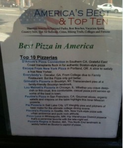 The image shows a printed list titled "Best Pizza in America" with a subheading "Top 10 Pizzerias." The list includes the names and brief descriptions of ten pizzerias across the United States. The title "America's Best & Top Ten" is displayed at the top, along with a mention of various categories such as National Parks, Beaches, Vacation Spots, and more. The background of the title section features an American flag. The list of pizzerias includes:

1. D'Amore's Pizza Connection in Southern CA
2. Grateful East Coast transplants rock in for authentic Boston-style pizza.
3. Escape from New York Pizza in Portland, OR
4. Your Pie in Decatur, GA
5. Granny's Pizza in Branson, MO
6. Pizzeria Uno in Chicago, IL
7. Pizzeria Due in Chicago, IL
8. Pizzeria Bianco in Phoenix, AZ
9. Pizzeria Regina in Boston, MA
10. Pizzeria Paradiso in Washington, DC

Each pizzeria entry includes a brief description of what makes it notable.