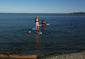 Two people are enjoying water activities near the shore. One person is standing on a paddleboard, wearing a life jacket and holding a paddle, while the other person is sitting in a kayak, also wearing a life jacket. The water is calm, and the sky is clear. There is a sandy beach in the foreground and a distant landmass visible on the horizon.