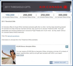 Alt text: A promotional image from Air Canada detailing the 2011 Threshold Gifts for members. The image lists different tiers of Air Canada Status Miles: 150,000, 200,000, 250,000, and 300,000. It explains that Super Elite members receive exclusive gifts as they travel aboard Air Canada and Star Alliance member airlines. The image highlights one of the gifts available: 25,000 Bonus Aeroplan Miles, with a description stating that these miles can be used for flights, travel merchandise, and more. There is a small image of a woman in a hat and sunglasses, and a button labeled "ORDER THIS GIFT."