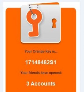 The image shows an orange and white graphic with a key and keyhole design at the top. Below the graphic, there is text that reads: "Your Orange Key is... 17148482S1. Your friends have opened: 3 Accounts." The background is predominantly orange.