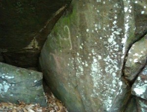 A close-up image of a rock formation with some white markings and patches of moss. The rocks have a rough texture and are surrounded by fallen leaves on the ground. The markings on the rock appear to be faded and may have been made by humans.