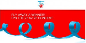 The image features a promotional banner with a red background and a blue ribbon that loops across the bottom. At the top, there is a logo with the number "75" and a small red maple leaf. The text on the banner reads: "FLY AWAY A WINNER! IT'S THE 75 for 75 CONTEST."