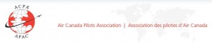 The image shows the logo and name of the Air Canada Pilots Association. The logo features a red and white globe with an airplane circling it, and the acronym "ACPA" above and below the globe. To the right of the logo, the text reads "Air Canada Pilots Association" in English and "Association des pilotes d'Air Canada" in French. The background includes a faint world map.