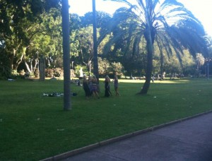 The image shows a group of people standing on a grassy area in a park. There are tall trees, including a large palm tree, providing shade. The park appears to be spacious with a paved walkway on the right side. The scene is well-lit, suggesting it is daytime.