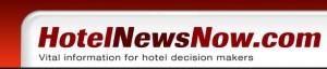 The image shows a logo for "HotelNewsNow.com" with the tagline "Vital information for hotel decision makers" underneath. The background is a gradient of red to white.