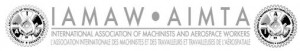 Alt text: Logo of the International Association of Machinists and Aerospace Workers (IAMAW). The logo features the acronym "IAMAW" in large letters, with "AIMTA" beside it. Below the acronyms, the full name "International Association of Machinists and Aerospace Workers" is written. There are circular emblems on both sides of the text.