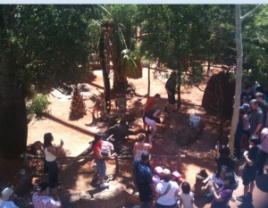 A group of people, including children and adults, are gathered around an outdoor enclosure at a zoo or wildlife park. The enclosure is surrounded by trees and has a dirt ground. Inside the enclosure, a person appears to be interacting with or feeding an animal, possibly a kangaroo or wallaby. The onlookers are watching and taking photos. The scene is sunny and the area is shaded by trees.