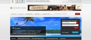 The image shows a webpage from a website called "Luxury Link." The page features a banner at the top with logos and a promotional image of people dining, along with text about extraordinary vacations. Below the banner, there is a navigation menu with options like "Auctions," "Best," "Destinations," and "Property Types." The main section of the page has a large image of a tropical beach with a palm tree and clear blue sky. There is a welcome message on the left side of the image, and on the right side, there is a search box for finding luxury vacations, with fields for destination and travel dates. There are also buttons labeled "Search" and "Get Inspired." At the bottom of the page, there are additional navigation links for "Welcome," "Romance Travel and Spa," "Point Award Search & Tips," "Lamborghini Boutique Hotel," and "Gallery Blog."