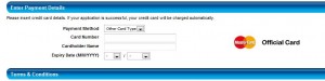 Alt text: A screenshot of an online payment form. The form includes fields for selecting a payment method, entering a card number, cardholder name, and expiry date (MM/YYYY). There are logos for Mastercard and Visa on the right side, with the text "Official Card" next to them. The form is titled "Enter Payment Details" and there is a section labeled "Terms & Conditions" at the bottom.