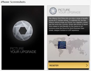 The image consists of two sections. The left section shows a dark background with a geometric, circular design in the center and the text "PICTURE YOUR UPGRADE" below it. The right section contains a promotional message for Star Alliance Gold Status, explaining the benefits and how to register. There is a world map in the background with a boarding pass graphic overlaying it. At the bottom, there is a yellow button labeled "REGISTER" with a right arrow.