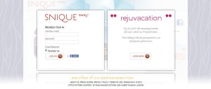 The image shows a webpage with two main sections side by side. 

On the left side, there is a login form for "SniqueAway" which includes fields for "Member Sign In" with "Email" and "Password" inputs, a "Remember me" checkbox, and a "Sign In" button. There are also options to sign in with Facebook and a link to "Forgot Password?".

On the right side, there is a section titled "rejuvacation" with a description that reads: "To go off on amazing hotels, all they called is a 'TripAdvisor'. Providing a fresh perspective on gorgeous getaways." There is a button labeled "Join Now".

Below these sections, there is a line of text that reads: "Here are a few of our great vacation ideas:" followed by a list of locations: "ARUBA • BERMUDA • BOSTON • PUERTO RICO • SAN FRANCISCO • ST. MAARTEN • ST. THOMAS • TURKS AND CAICOS".