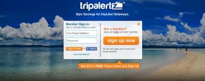 The image shows a login and sign-up page for a website called "tripalertz." The background features a scenic beach with clear blue skies and fluffy white clouds. The login section on the left prompts users to enter their email address and password, with a "Sign In" button below. On the right, there is a sign-up section for new users with a "Sign Up Now" button. Below these sections, there is a banner stating "Get $25 in FREE Travel when you Sign Up."