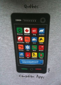 The image shows a graphic of a smartphone with a humorous twist, labeled "Canadian Apps." The phone screen displays various app icons with Canadian themes, such as "Wilderness," "Maple Leaf," "Eh!," "Polar Bear," "Hockey," "Moose," and "Snow." Each icon has a corresponding image, like a maple leaf, a polar bear, and a hockey stick. The words "Québec" and "Canadian Apps" are written above and below the phone graphic, respectively.