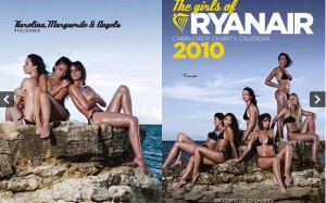 The image shows two covers of a calendar featuring women in swimwear posing on rocks by the sea. The left cover has three women with the text "Karolina, Margarita & Angela" and "Ryanair" at the top. The right cover has seven women with the text "The girls of RYANAIR" and "CABIN CREW CHARITY CALENDAR 2010" at the top. The background of both covers features a clear blue sky and ocean.