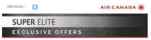 The image shows a promotional banner for Air Canada. The banner includes the text "SUPER ELITE" followed by a plus sign, and below it, the text "EXCLUSIVE OFFERS." The Air Canada logo is visible in the top right corner. There are also small icons for "web version" and Twitter in the top left corner.