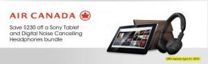 The image is an advertisement for Air Canada. It features a promotion offering a $230 discount on a bundle that includes a Sony tablet and digital noise-canceling headphones. The Air Canada logo is displayed at the top left, and the offer expiration date, April 21, 2022, is highlighted in yellow at the bottom right. The tablet and headphones are prominently shown in the center of the image.