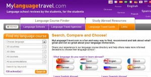 The image is a screenshot of a website called "Mylanguagetravel.com." The website appears to be focused on language school reviews and resources for students. The top section of the website has a purple header with the website name and a tagline that reads, "Language school reviews by the students, for the students." There are navigation tabs labeled "Language Course Finder," "Study Abroad Resources," "Language Schools," "Language Reviews/Opinions," and "Links."

On the left side, there is a search box titled "Find my language course" with dropdown menus for selecting a language, country, city, and school, along with a search button. Below the search box, it mentions "136 schools!"

The main section of the page has a heading that says, "Search, Compare and Choose!" followed by a description of the website's purpose. There are also options to select different languages to learn, represented by flags and language names: English, French, German, Italian, Dutch, Japanese, Chinese, and Spanish.