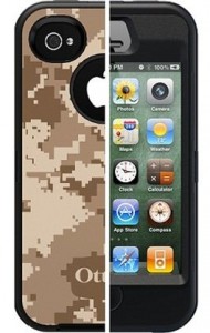 The image shows an iPhone with a protective case. The case has a camouflage pattern on the left side and a solid black color on the right side. The phone screen displays various app icons, including Photos, Camera, Weather, Clock, Calculator, App Store, and Compass. The battery icon at the top right corner of the screen indicates a full charge.