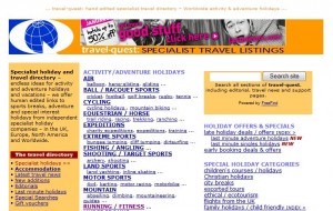 The image shows a webpage from a travel directory website. The page is titled "travel-quest: SPECIALIST TRAVEL LISTINGS" and features various sections and links related to different types of holidays and travel activities. On the left side, there is a yellow box with text describing the website's purpose and a list of travel categories such as "Activity/Adventure Holidays," "Special Holiday Categories," and "Holiday Offers & Specials." The main content area includes links to specific types of holidays like "Ball/Racquet Sports," "Cycling," "Equestrian/Horse," "Fishing/Angling," and more. There is also a search box on the right side for users to search the site. The top of the page has a banner with the website's logo and a promotional image.