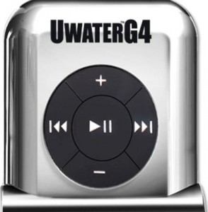 The image shows a close-up of a UwaterG4 device, which appears to be a waterproof MP3 player. The device has a metallic finish and features a circular control pad with buttons for play/pause, volume up, volume down, and track navigation (forward and backward). The brand name "UwaterG4" is printed at the top of the device.