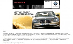 The image is an advertisement featuring a partnership between Air Canada and BMW Canada. The top left corner has the Air Canada logo, and the top right corner has the BMW Canada logo. Below the logos, there is a large image of a BMW car with the text "GET ONBOARD SOMETHING NEW." The text below the image addresses the recipient as a loyal customer of Air Canada and offers an opportunity to test drive a BMW 3 Series, 5 Series, 7 Series, X3, or X5 at an authorized BMW retailer. It mentions that participants will receive a $50 voucher for Air Canada's new enRoute. The offer is valid until July 31, 2012.