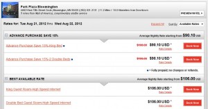 The image is a screenshot of a hotel booking page for Park Plaza Bloomington. It shows rates for a stay from Tuesday, August 21, 2012, to Wednesday, August 22, 2012. The page lists different room options with their respective prices and booking buttons. The options include:

1. Advance Purchase Save 15%:
   - King Bed/Non-Smoking: $90.10 USD
   - 2 Double Beds/Non-Smoking: $90.10 USD

2. Best Available Rate:
   - King Bed/Non-Smoking: $106.00 USD
   - Double Bed Guest Room/Non-Smoking: $106.00 USD

Each option has a "Book Now" button next to it. The average nightly rate starts from $90.10 USD. The hotel is located at 4460 West 78th Street Circle, Bloomington, MN 55435, USA, and is 11.27 kilometers from downtown.