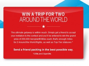 The image is a promotional advertisement with a red background and white text. The main headline reads, "WIN A TRIP FOR TWO AROUND THE WORLD." Below the headline, there is a star icon, followed by a description that says, "The ultimate getaway is within reach. Simply get a friend to accept your invitation to the contest and you'll be entered to win the grand prize of 200,000 Aeroplan® Miles each, that's enough miles for 2 Around the World flights, as well as Top-Tier statuses.*" At the bottom, it says, "Send a friend packing in the best possible way." There is a small note at the bottom that reads, "*2 Elite, and 2 Super Elite." The background also features a blue and white design element in the top right corner.