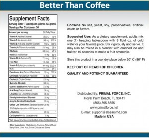 Alt text: The image shows a product label for a dietary supplement titled "Better Than Coffee." The label includes Supplement Facts, listing various vitamins, minerals, and other ingredients with their respective amounts and daily values. It also provides information on the product's contents, stating it contains no salt, yeast, soy, preservatives, artificial colors, or flavors. The suggested use advises adults to mix one tablespoon with 8 fluid ounces of cold water or a favorite juice, stir vigorously, and serve. It can also be blended into a smoothie. The product should be stored in a cool, dry place below 30°C (86°F) and kept out of reach of children. The label guarantees quality and potency. The product is distributed by Primal Force, Inc., located in Royal Palm Beach, FL, with contact information provided, including a phone number, website, and email address. The product is made in the USA.