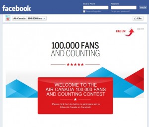 The image is a screenshot of a Facebook page for Air Canada. The page celebrates reaching 100,000 fans with the text "100,000 FANS AND COUNTING" prominently displayed. Below this, there is a red box with the text "WELCOME TO THE AIR CANADA 100,000 FANS AND COUNTING CONTEST" and instructions to "Please click the Like button to participate and to follow Air Canada on Facebook." The Facebook interface includes fields for "Email or Phone" and "Password" at the top right, along with a "Log In" button. There is also a "Like Us!" button with an arrow pointing to it. The design includes blue and red geometric shapes.