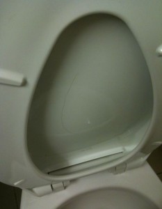 The image shows the inside of a toilet paper dispenser. The dispenser is empty, with no toilet paper roll present. The interior is white and has a curved, oval shape.