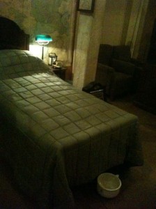 The image shows a dimly lit room with a single bed covered with a quilted blanket. There is a small nightstand next to the bed with a lamp emitting a greenish light. A chair is visible in the background, and a white bucket is placed on the floor near the foot of the bed. The walls appear to be old and worn.