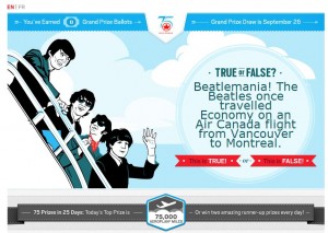 The image is a promotional graphic featuring a cartoon depiction of The Beatles waving from an airplane. The text on the image includes a trivia question: "TRUE or FALSE? Beatlemania! The Beatles once travelled Economy on an Air Canada flight from Vancouver to Montreal." Below the question, there are two buttons labeled "This is TRUE!" and "This is FALSE!" Additionally, there is a banner at the top indicating that the grand prize draw is on September 26, and a badge at the bottom mentioning "75,000 Aeroplan Miles" with a note about 75 prizes in 25 days and two amazing runner-up prizes every day.