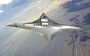 Alt text: A futuristic, sleek, silver aircraft with a unique triangular design is flying over a vast, mountainous landscape. The aircraft has a smooth, streamlined body with small windows and a cockpit near the top. The background shows a mix of rugged terrain and cloudy sky.