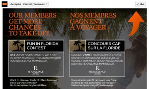 The image is a promotional advertisement for a contest. The text is in both English and French. The English section on the left reads "OUR MEMBERS GET MORE CHANCES TO TAKE OFF! FUN IN FLORIDA CONTEST. LIKE US FOR YOUR CHANCE TO WIN A TRIP TO SUNNY FLORIDA, AT THE LEGENDARY EDEN ROC RENAISSANCE MIAMI BEACH." The French section on the right reads "NOS MEMBRES GAGNENT À VOYAGER. CONCOURS CAP SUR LA FLORIDE. CLIQUEZ 'AIME' POUR COURIR LA CHANCE DE GAGNER UN VOYAGE EN FLORIDE, AU LÉGENDAIRE EDEN ROC RENAISSANCE MIAMI BEACH." There is an orange arrow pointing upwards on the right side of the image. The background features palm trees and a person lounging on a beach chair.