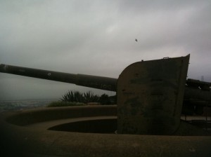 The image shows a large, old artillery cannon mounted on a concrete base. The sky is overcast, and the scene appears to be outdoors, possibly at a historical site or military museum. There is some vegetation visible in the background.