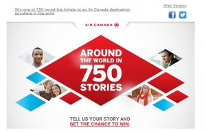 The image is an advertisement for Air Canada. It features a red and white geometric design with the text "AROUND THE WORLD IN 750 STORIES" in the center. Above this text is the Air Canada logo. Surrounding the central text are small images of various people. Below the main text, there is additional text that reads, "TELL US YOUR STORY AND GET THE CHANCE TO WIN." At the top of the image, there is a line of text that says, "Win one of 750 round-trip tickets to an Air Canada destination anywhere in the world." There are also icons for Facebook and Twitter in the top right corner, along with a "Web Version" link.