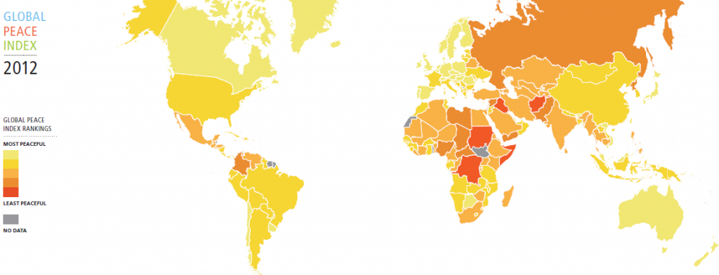 The image is a world map displaying the Global Peace Index for the year 2012. Countries are color-coded based on their peace levels, with a gradient ranging from dark green (most peaceful) to dark red (least peaceful). Some countries are marked in gray, indicating no data available. The map shows that countries in North America, Western Europe, and parts of Asia and Oceania are generally more peaceful, while countries in Africa, the Middle East, and parts of Asia are less peaceful.