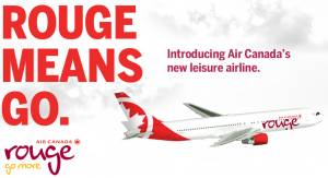 The image is an advertisement for Air Canada's new leisure airline, Air Canada Rouge. The text on the left side of the image reads "ROUGE MEANS GO." Below this, the Air Canada Rouge logo is displayed with the tagline "go more." On the right side of the image, there is a picture of an airplane with the Air Canada Rouge branding, and the text "Introducing Air Canada's new leisure airline." The background features a cloudy sky.