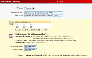 The image is a screenshot of a flight booking offer. The details are as follows:

- Travel type: Roundtrip
- Departure city: Vancouver, British Columbia (YVR)
- Destination city: Sydney, Kingsford Smith, Australia (SYD)
- Price: $1964
- Offer expiration countdown: 12 hours, 33 minutes, and 58 seconds
- Booking deadline: Tue 8-Jan, 2013 11:59 pm EDT
- Eligible departure dates: Between Sat 2-Feb, 2013 and Fri 31-May, 2013 or between Thu 8-Aug, 2013 and Sat 31-Aug, 2013
- Travel days: Sundays, Mondays, Tuesdays, or Thursdays
- Length of stay: Maximum 12 months
- Departure and return date fields: Both are empty and labeled as DD/MM/YYYY
- Note: Seats are limited; the offer may no longer be available on all eligible dates.