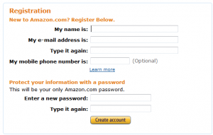 Alt text: "A registration form for Amazon.com. The form includes fields for entering a name, email address (with a confirmation field), mobile phone number (optional), and a password (with a confirmation field). There is a 'Create account' button at the bottom."