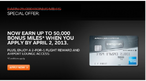 The image is an advertisement for an American Express Aeroplan credit card. The ad highlights a special offer where users can earn up to 50,000 bonus miles if they apply by April 2, 2013. Additionally, the offer includes a 2-for-1 flight reward and airport lounge access. There is a picture of the credit card on the right side of the image. At the bottom left, there is an orange button with the text "APPLY NOW." The ad also mentions that conditions apply.