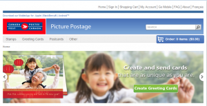 The image is a screenshot of a webpage from Canada Post's Picture Postage service. The top of the page includes navigation links such as "Home," "Sign In," "Shopping Cart," "My Account," "Go Mobile," "FAQ," "About," and "Français." The Canada Post logo is displayed on the left side. Below the navigation bar, there are tabs for "Stamps," "Greeting Cards," "Postcards," and "Other." 

The main content of the page features a banner with a young girl smiling and holding up a card. There is also an inset image of an elderly woman and a young girl, both smiling and holding up a card. The text on the banner reads, "Create and send cards that are as unique as you are." There is a green button labeled "Create Greeting Cards." The shopping cart icon indicates that there are 0 items in the cart, totaling $0.00.